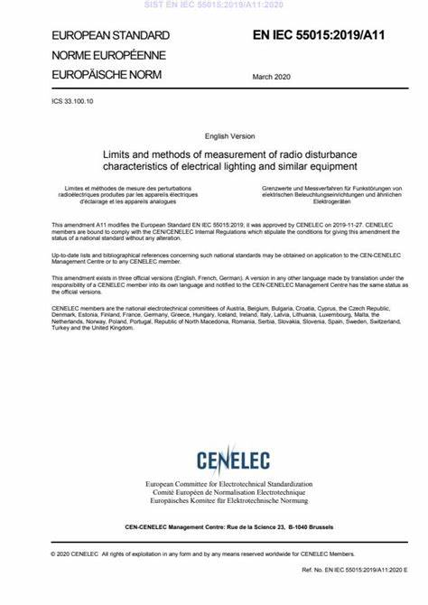 EN IEC 55015: 2019+A11:2020電氣照明和類似設(shè)備的無線電騷擾特性的限值和測量方法