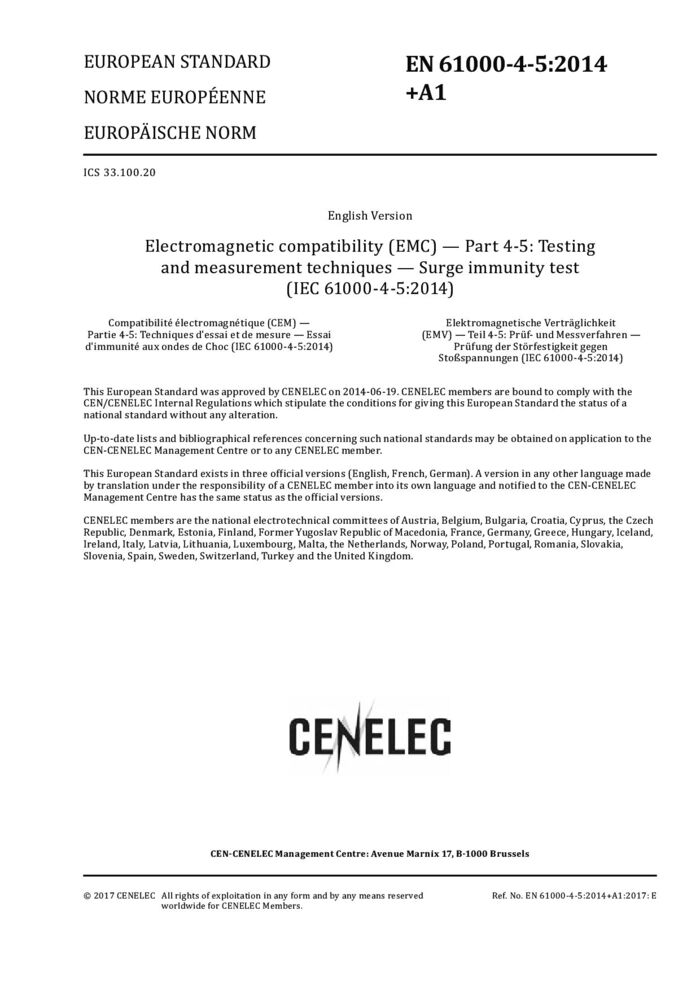 IEC 61000-4-5:2014+A1:2017電磁兼容 試驗和測量技術(shù)浪涌（沖擊）抗擾度試驗