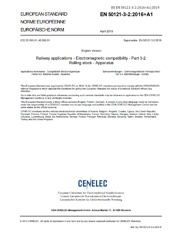 EN 50121-3-2:2016+A1:2019軌道交通.電磁兼容性.第3-2部分:機(jī)車車輛.設(shè)備