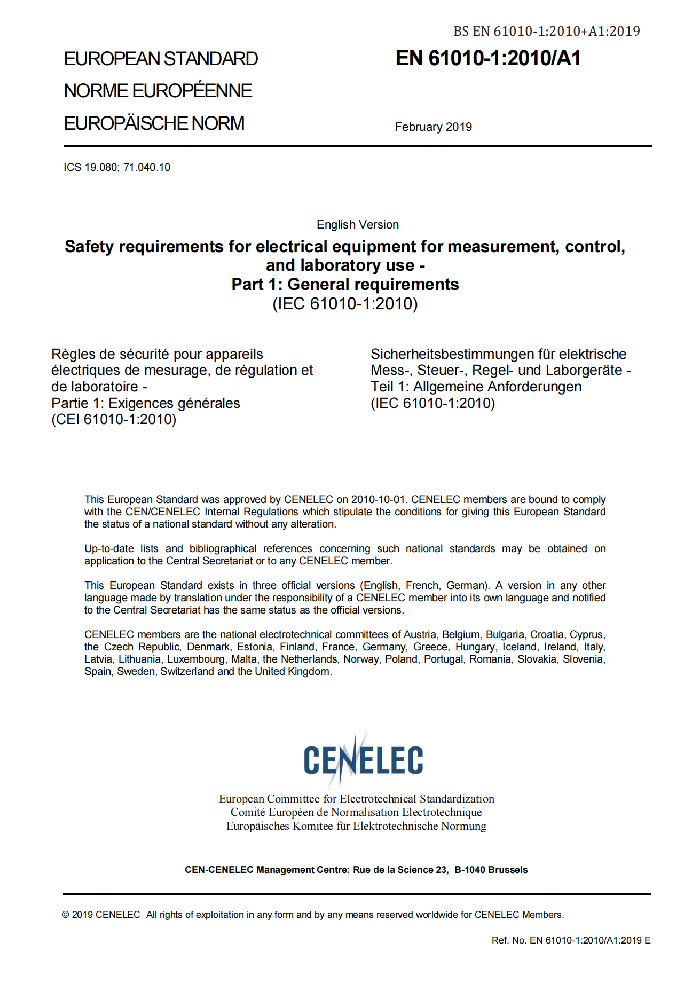 EN 61010-1:2010+A1:2019測量,控制及實(shí)驗(yàn)室用電氣設(shè)備的安全要求優(yōu)選部分.通用要求