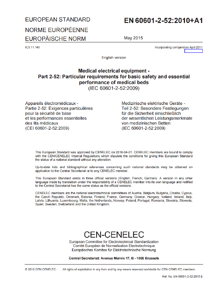 EN 60601-2-52: 2010+A1: 2015醫(yī)用電氣設(shè)備 第2-52部分：醫(yī)用病床的基本安全和基本性能專用要求