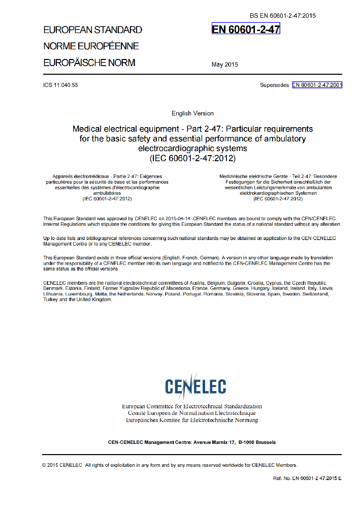EN 60601-2-47:2015醫(yī)用電氣設(shè)備 第2-47部分：動態(tài)心電圖系統(tǒng)的基本安全和基本性能專用要求