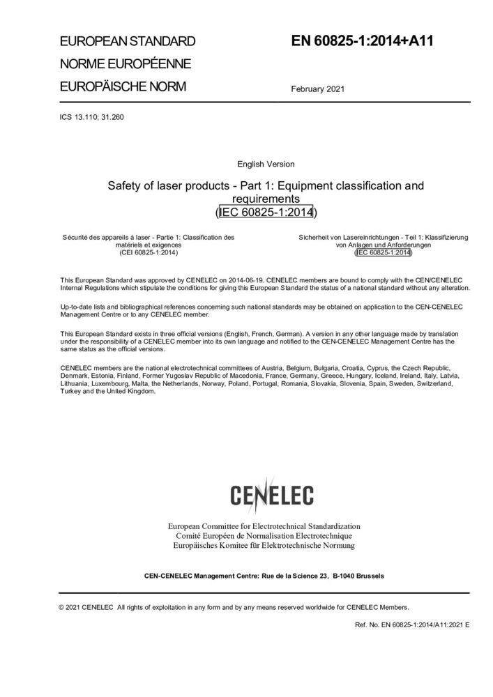 EN 60825-1: 2014+A11:2021激光產(chǎn)品的安全 第1部分：設(shè)備分類、要求